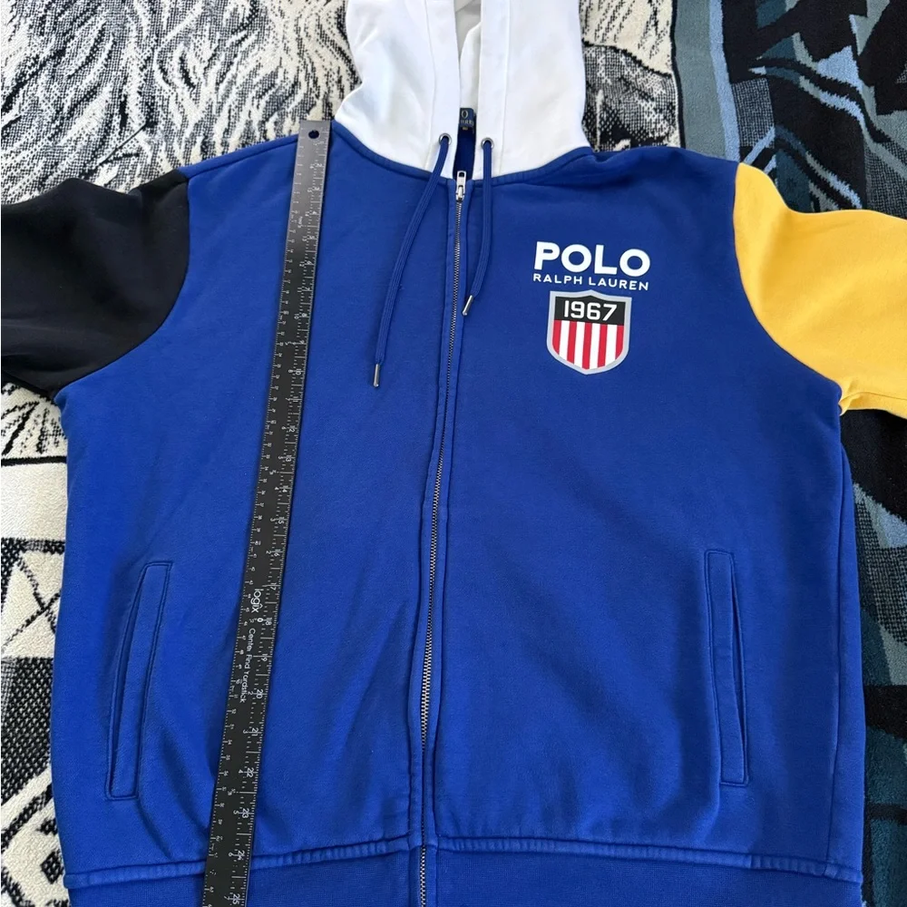 Polo Ralph Lauren Double Knit Blue White/Black/Yellow Colorblock Zip-Up Sweater